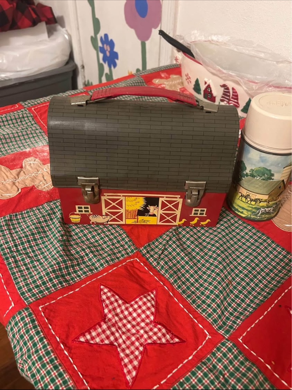 Vintage 1960’s Thermos Red Barn Lunchbox with Black Roof and Blue Thermos